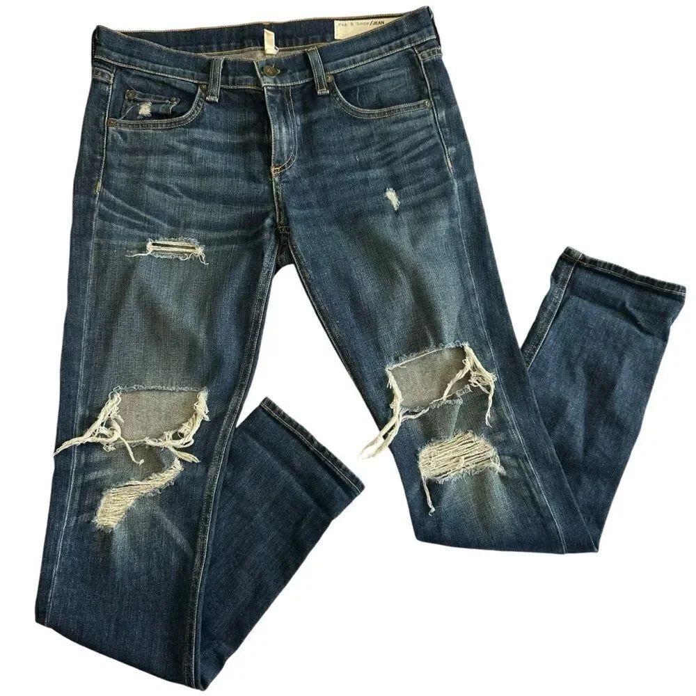 Rag & Bone Dre Mission dark wash distressed Mid Rise Slim ankle length jeans 26